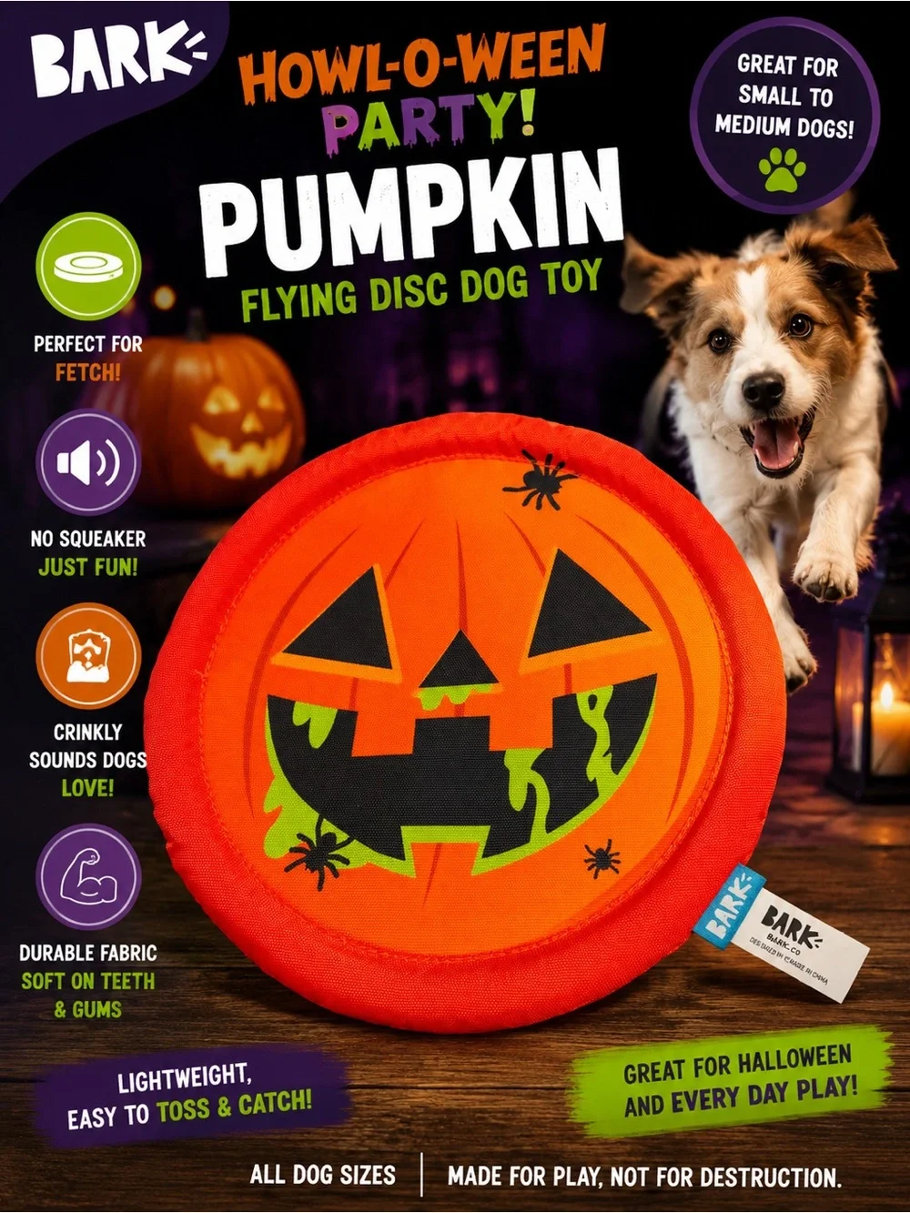 Bark Pumpkin Jack-O'-Lantern Orange and Black Flying Disc Dog Toy